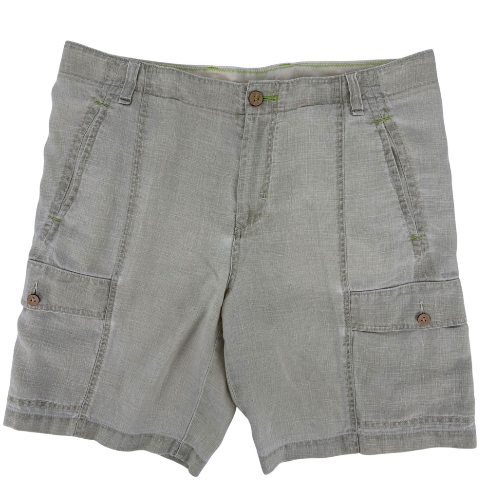 Tommy Bahama Relax Mens 35 Light Green 100% Linen Cargo Shorts Contrast Stitch